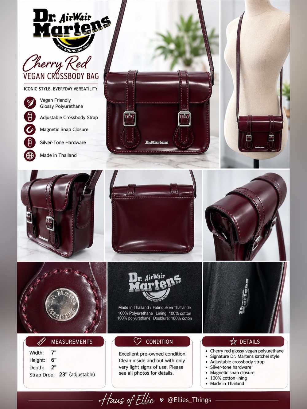 Dr. Martens Cherry Red Vegan Crossbody Satchel Bag Glossy